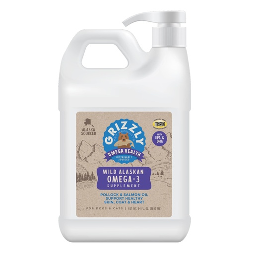 [BRSWGZQHPJ7AMH35] Grizzly Pet Products Omega Health Liquid Omega-3 Supplement for Dogs and Cats, 64 Ounce Jug