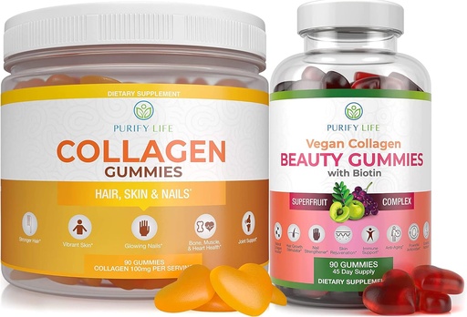 [BRSW2BL7PJYBOCYY] Purify Life Marine Collagen & Vegan Collagen Bundle, Gummies Vitamins for Hair Skin and Nails Health (90 Chews), Pore Reducer & Elasticity, Replace Capsules, Pills