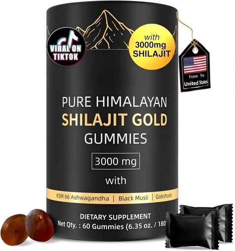 [BRSREGT5DICGOA33] 3000mg Himalayan Shilajit Gummies Gold for Men & Women - Organic & Natural with 85+ Essential Minerals & Fulvic Acid - Non-GMO - 100% Natural & Organic (1 Bottle/60 Gummy)