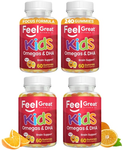 [BRSROHQEBYJWG3TK] Feel Great Vitamins Omega 3 for Kids | DHA Gummies for Kids with Plant-Based Omega 3 6 9 + Vitamin C | Supports Brain, Vision & Heart Health | Vegetarian, No Fishy Taste | 60 Gummies - 4 Pack