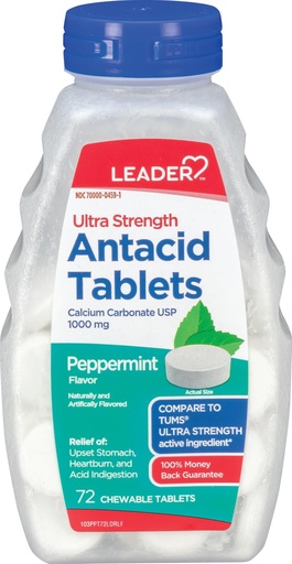 [BRSWYYI3AQBQYHLZ] Leader Antacid Ultra Strength Chewable, Fast Heartburn & Indigestion Relief, Acid Reflux, Upset Stomach, Calcium Carbonate, Peppermint, 72 Count