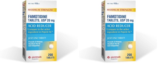 [BRSREAIBO55BU3I6] Glenmark Maximum Strength Famotidine Tablets, 20 mg, Acid Reducer for Heartburn Relief, 200 Count (Pack of 2)