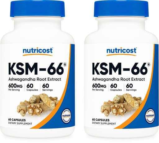 [BRSWG2YCOYPQKFIY] Nutricost KSM-66 Ashwagandha Root Extract 600mg, 60 Veggie Caps (2 Bottles) - 5% Withanolides - with BioPerine