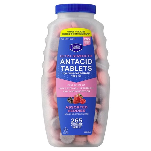[BRSRGGAHOFYRQG35] Berkley Jensen Ultra Strength Antacid Chewable Tablets - 1000mg Calcium Carbonate for Heartburn, Acid Indigestion, Upset Stomach Relief - Assorted Berry Flavor - 265 Count