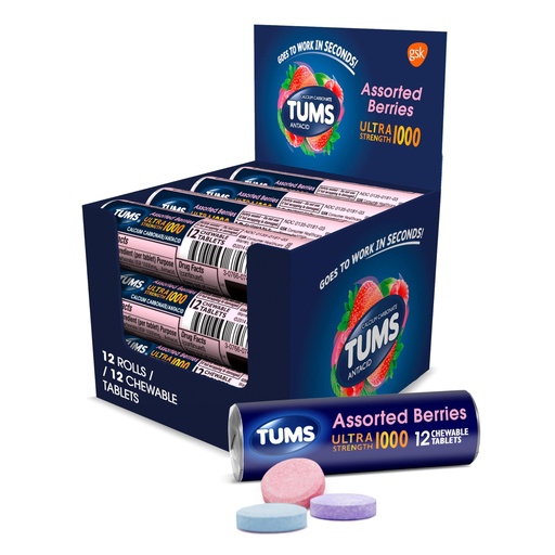 [BRSWIZYMA4OA2A3U] TUMS Ultra Strength Antacid Tablets for Chewable Heartburn Relief and Acid Indigestion Relief, Assorted Berries - 12 Pack of 12 Count Rolls