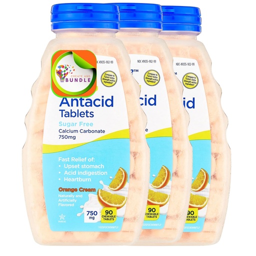[BRSRAFARAF5RQF3V] Extra Strength Sugar-Free Antacid Chewable Tablets, Orange Cream, 750 mg, 90 Count (Pack of 3) Total 270 Count
