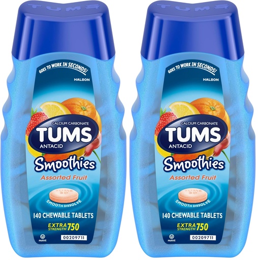 [BRSRAY35DMORSGTG] TUMS Smoothies Extra Strength Antacid Chewable Tablets for Heartburn Relief, Assorted Fruit - 140 Count (Pack of 2)
