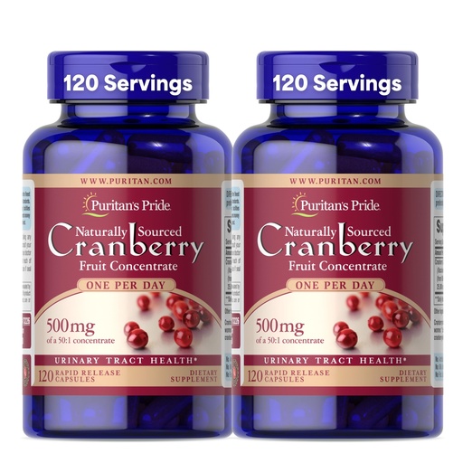 [BRSRMZQQAEOQO2DO] Puritan's Pride Naturally Sourced Cranberry One Per Day Fruit Concentrate 500mg, 50:1 Dietary Supplement for Urinary Tract Support, 4 Month Supply, 120 Rapid Release Capsules, 2 Pack