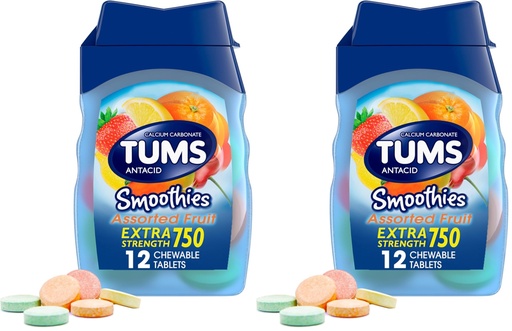 [BRSRAY35DN4A4E32] TUMS Smoothies Extra Strength Antacid Chewable Tablets for Heartburn Relief, Assorted Fruit - 12 Count (Pack of 2)