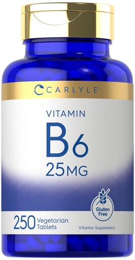 [BRSROYA3AAIBY3AZ] Carlyle Vitamin B6 25 mg | 250 Tablets | as Pyridoxine Hydrochloride | Supplement for Women and Men | Vegetarian, Non-GMO & Gluten Free