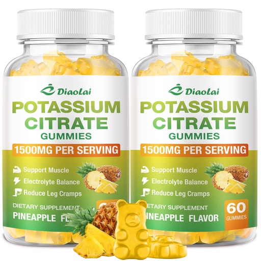 [BRSRABQOBAJWYCDH] Potassium Citrate 1500mg Gummies - Potassium Supplement for Women & Men, Supports Leg Cramp Relief & Muscle Health, Vegan, Pineapple Flavor (120 Count)