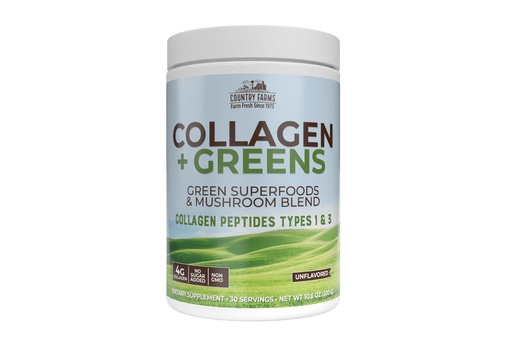 [BRSWGBQ2O4HBUCQ7] Country Farms Collagen Peptides Powder with Greens Dietary Powder Supplement (Type I, III) for Skin Hair Nail and Joints, Dairy/Gluten/Sugar Free, Energizing Superfoods, Natural, 10.6 Oz 30 Servings
