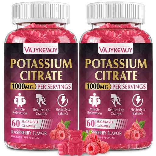 [BRSRABL5AECRYYDD] 2 Pack Potassium Citrate Gummies, High Potassium Supplement (1000mg), Supports Leg Cramps & Muscle Health, Suitable for Adults & Kids, Vegan, Non-GMO, 120-Count