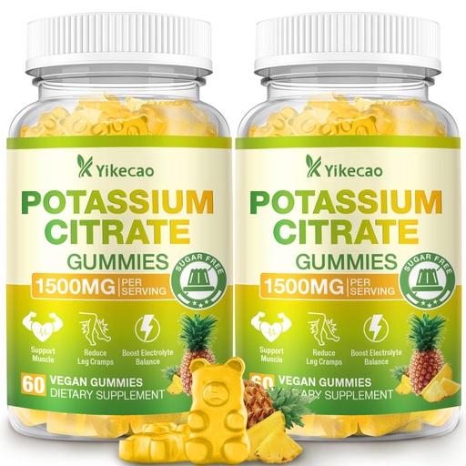 [BRSREEI3BZ5W2CTO] 2 Pack Potassium Citrate Gummies 1500mg, Potassium Supplement Gummies for Adults Women & Men, Support Leg Cramps & Muscle Health, Sugar-Free, Pineapple Flavor, 120 Count