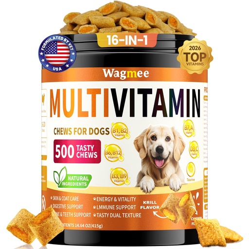 [BRSREAYKAQHBACTF] Dog Vitamins and Supplements, 16-in-1 Dog Multivitamin Soft Chews, Daily Nutrition Support for Energy, Heart, Skin & Coat, Digestion, with Taurine, Omega 3, Zinc & B Vitamins, 500 Ct for All Breeds