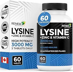 [BRSW2FDQOUOQEC34] Renew Actives L-Lysine 1000 mg per Serving with Zinc & Vitamin C – Supports Immune Function, Collagen Formation, Antioxidant Support, & Healthy Skin, Hair, & Nails – Made in Canada – 60 Tablets