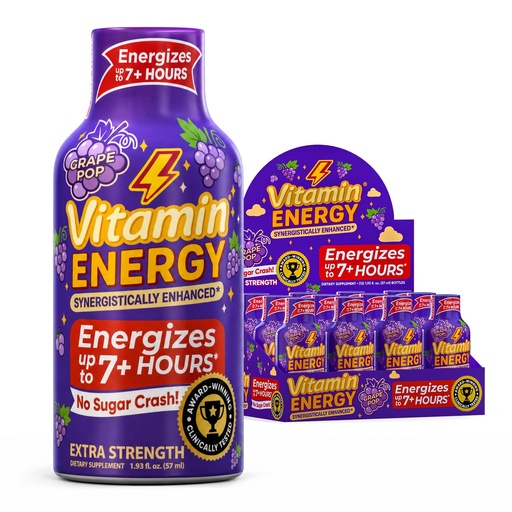 [BRSROBILOB5BYGYU] Vitamin Energy Grape Pop Extra Strength Energy Shot, 12 Pack - Up to 7 Hrs, 260mg Natural Caffeine, Zero Sugar - Green Tea Extract, Immune Support, B12 B6 Niacin, 1.93 fl oz, Keto Vegan