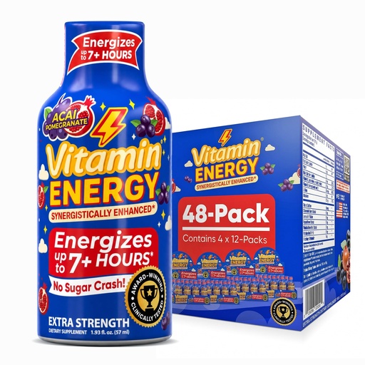 [BRSWGAQQCQHBQ2QV] Vitamin Energy Acai Pomegranate Extra Strength Energy Shot, 48 Pack - Up to 7 Hrs, 260mg Natural Caffeine, Zero Sugar - B12 11,000% DV + B6 2,118% DV + Taurine 1,500mg, 1.93 fl oz, Keto Vegan