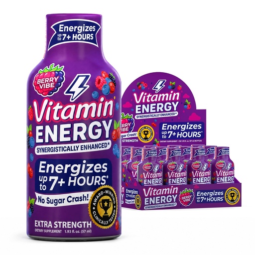 [BRSRAAYRAB6BEDT4] Vitamin Energy Berry Vibe Extra Strength Energy Shot, 12 Pack - Up to 7 Hrs, 260mg Natural Caffeine, Zero Sugar - BCAAs + CoQ10, Focus Support, B12 B6 Niacin, 1.93 fl oz, Keto Vegan