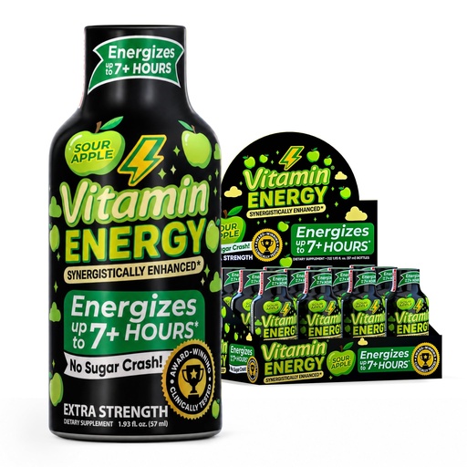 [BRSRAGL6DMORGEYY] Vitamin Energy Sour Apple Extra Strength Energy Shot, 12 Pack - Up to 7 Hrs, 260mg Natural Caffeine, Zero Sugar - Beta-Alanine + Electrolytes, Workout Support, B12 B6 Niacin, 1.93 fl oz, Keto Vegan