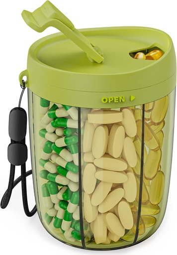 [BRSROCQ2CUNGOAL6] PULIV Large Pill Bottle Organizer, Supplement Organizer for Holding 6 Various Vitamins, Pill Box Case with Anti-Mixing & Wide Opening Design, Easy to Retrieve Meds and 20 Pcs Stick-on Labels, Green