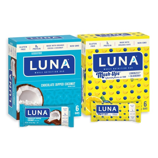[BRSRAZQ7OJ4GOG3L] LUNA Bar - Variety Pack - Chocolate Dipped Coconut and LemonZest + Blueberry Mash-Ups Flavor - Snack Bars - Non-GMO - Gluten-Free Protein Bars - Made with Organic Oats (12 Pack, 2 Boxes)
