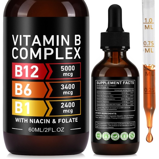 [BRSRYYY3OADWKF33] YLXYZUAD Vitamin B Complex Liquid Drops - Vitamin B12 5000mcg | B1, B3, B6, B9 | Niacin & Folate | 60ml (2 Fl Oz)