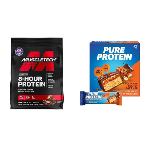 [BRSRAYITDFYWEGT2] Muscletech Whey Protein Powder Bundle Phase8 4.6lb Chocolate Protein Powder + Pure Protein Chocolate Peanut Caramel Protein Bars 12 Count