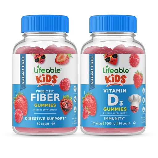 [BRSW2HALOAPA4CLP] Lifeable Sugar Free Preciotic Fiber Kids + Vitamin D Kids, Gummies Bundle - Great Tasting, Vitamin Supplement, Gluten Free, GMO Free, Chewable Gummy