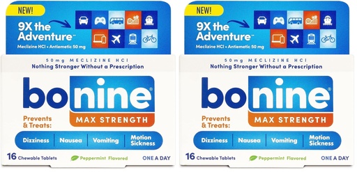 [BRSREAIBCR5BSYDK] Bonine MAX Chewable for Motion Sickness Relief - with Meclizine HCL 50mg - Max Strength Formula to Treat Nausea or Motion Sickness - Cruise Essentials - Peppermint - 16 Chewable Tablets (Pack of 2)