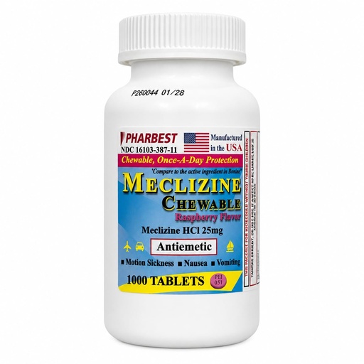 [BRSRYZA3PMBQK3TO] PHARBEST Meclizine HCl 25mg Chewable Tablets, 1000 Count Raspberry Flavor Helps for Nausea, Vomiting and Dizziness associated with Motion Sickness.