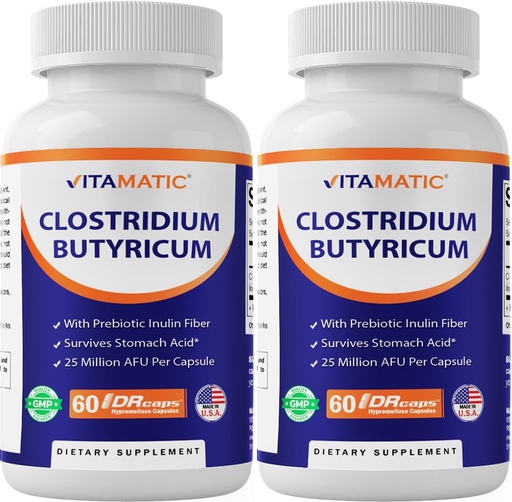 [BRSREFAYAAOQG23P] Vitamatic Clostridium butyricum 25 Million - Gut Health - 60 DR Capsules (Delayed Released) - Made with Prebiotic Inulin Fiber- 2 Pack
