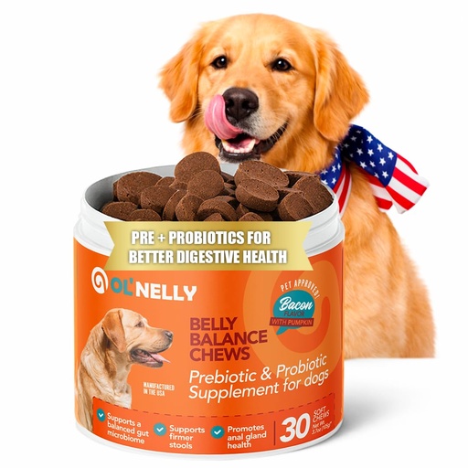 [BRSREHA3CQIBAELA] OL'Nelly Dog Probiotic Chews, 5.4 Billion CFU, 6 Strains, Pumpkin, Inulin & Yucca Root, Digestive Health Supplement for Dogs, Supports Gut Balance, Firmer Stools, Anal Gland Health, Gas & Bloating