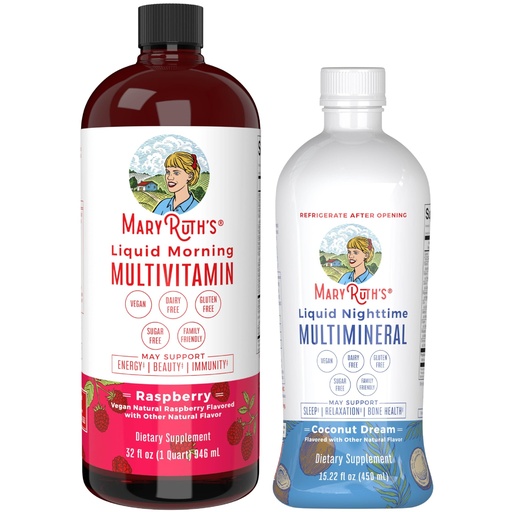[BRSRABAKOZ7BQ33B] MaryRuth's Liquid Morning Multivitamin Raspberry (32oz) & Liquid Nighttime Multimineral Coconut (15.22oz) | Sugar-Free, No Melatonin | Vegan, Non-GMO | Supports Sleep, Beauty, and Overall Health