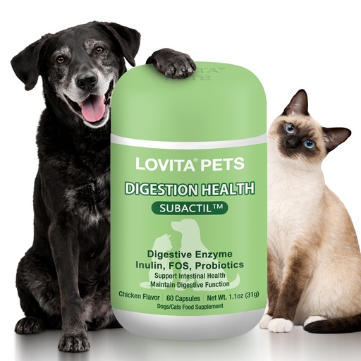 [BRSRGFQYPMFQID32] LOVITA Pets Digestive Health Probiotic for Dogs & Cats, SUBACTIL PB6 Spore Probiotic, 6-Strain Blend with Prebiotics (Inulin & FOS) and Digestive Enzymes, Chicken Flavor, 60 Capsules