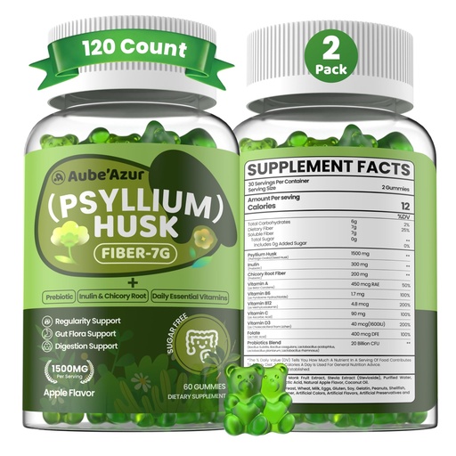 [BRSRYZQBAQHAMYLG] Psyllium Husk + Fiber Gummies for Women Adults, Organic Psyllium Husk Fiber Supplement with Inulin Prebiotic Fiber, Multivitamins for Digestive Health & Regularity Support, Sugar Free, 120 Gummies