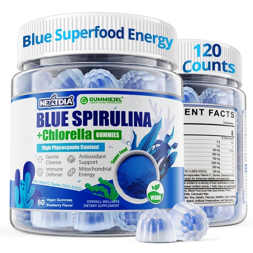 [BRSREGA3CB5WKG34] Organic Blue Spirulina Gummies, High Phycocyanin from Nutrient-Rich Blue-Green Algae for Antioxidants, Cellular Energy & Cleanse, Superfood w/Chlorella, CoQ10 & VC,Taurine,Green Tea, Sugar Free, 120Ct