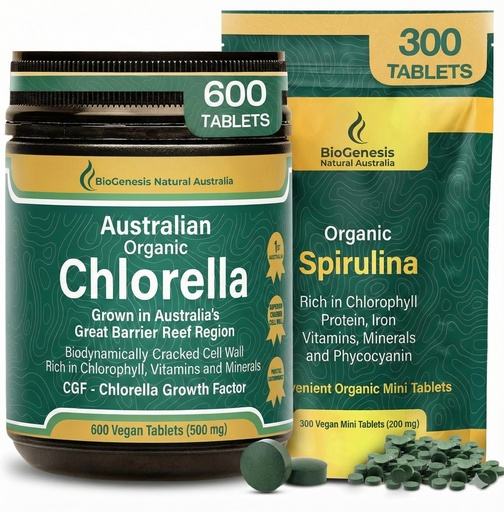 [BRSRGGIKBF5QYYDO] Biogenesis Organic Spirulina & Chlorella Duo – Spirulina (300 Mini Tabs) & Chlorella (600 Tabs) | Australian Grown | BioDynamic Cracked Cell Wall | Rich in Chlorophyll & Phycocyanin | Energy, Immunity