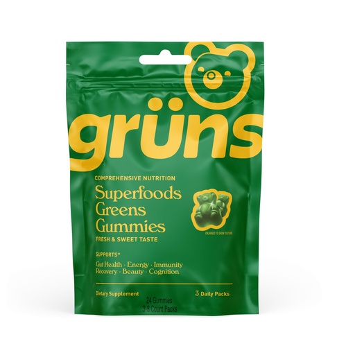 [BRSRAHYLCQCRAGT2] Gruns Super Greens Gummy Bears - Organic Spirulina and Chlorella, Prebiotics for Digestive Health, 20+ Vitamins and Minerals - 3 sachets - 24 Gummies