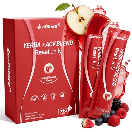[BRSRGYL6A55QKC3G] Yerba Mate & ACV Reset Jelly-Mixed Berry Flavor, Support Gut Cleansing, Detox, and Metabolism, with Chia Seeds & Yerba Mate -17 Sticks