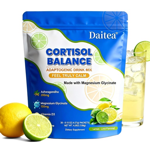[BRSRGY3YCMNWKAD2] Cortisol Calm Drink Mix with Magnesium Glycinate Powder, L-Theanine, Vitamins, and Ashwagandha for Relaxation & Focus | Adaptogen Drink & Cortisol Support | 30 Packets (Lemon & Lime Flavor)