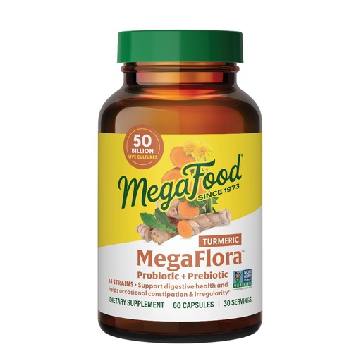 [BRSWKZDZA4DRA2Q3] MegaFood MegaFlora Probiotics + Prebiotics Turmeric Supplement - Prebiotics and Probiotics for Women and Men, Digestive Health, 50 Billion CFUs, 14 Strains - 60 Capsules (30 Servings)