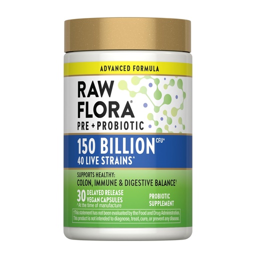 [BRSRGCT3BMBGAF3F] Raw Flora Probiotics with Prebiotics | 150 Billion CFU | 30 Capsules for Women and Men | Vegan & Gluten Free Supplement