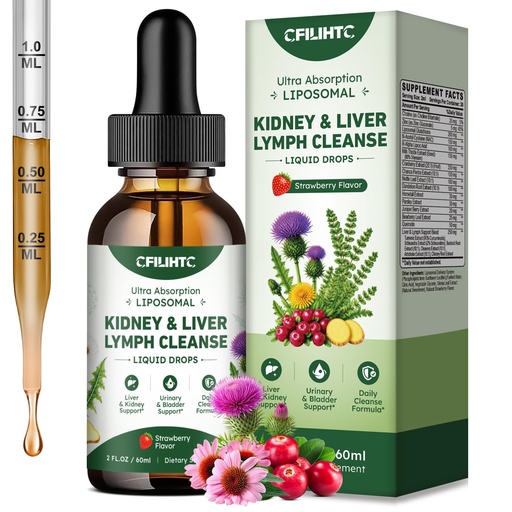 [BRSRYYYKOEIRUELH] Kidney & Liver Cleanse Detox & Repair Drops, Liposomal Kidney & Liver Support with Glutathione, NAC, Cranberry, Milk Thistle & Chanca Piedra, Lymphatic Drainage, Urinary Tract Support, Strawberry 60ML