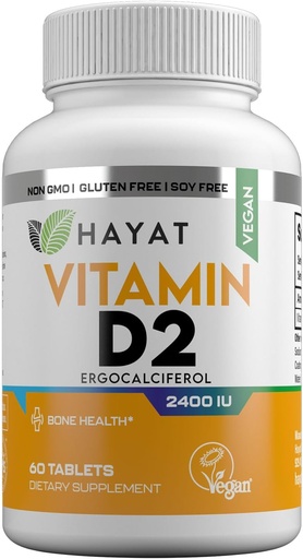 [BRSW2CQFCFYQKELF] Vitamine HAYAT Vegan Vitamin D2 2400 IU (60 MCG), Integratore alimentare per Bone, denti, muscolo e assistenza sanitaria immunitaria, 2 mesi di alimentazione, tutto naturale, certificata Halal, 60 compresse, Made in the USA