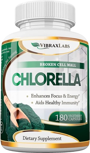 [BRSWG2Q5O4MQE3YU] VibraxLabs Chlorella kapsulas – bojāta šūna 600 mg Veggie Pills (1200 mg Servējot) - Proteīna pulvera papildinājums dabiskai detoksifikācijai, vislabāk ar Spirulina, Nav pēcgarša, Ražots ASV