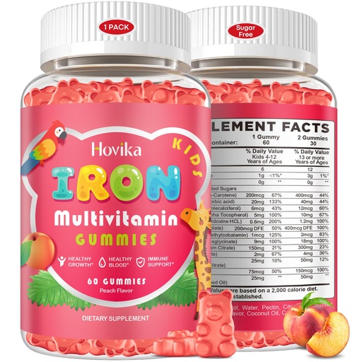 [BRSREALYO4FAYCQY] Iron Supplement Gummies for Kids with Multivitamin, Calcium, Zinc, Folate - Kids Iron Gummies Support Immune, Blood Builder, Iron Deficiency, Anemia & Energy - Vegan, Peach 60 Count