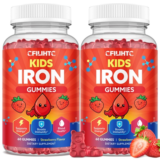[BRSREAAEDIMWODTK] 2PCS Iron Gummies for Kids & Teens, Kids Multivitamin with Iron Supplement, Calcium, Folate, Zinc, Prebiotic - for Blood Builder & Energy Support, Iron Deficiency - Vegan & Non-GMO - 120 Count