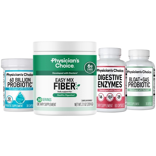 [BRSRECY3CQHAGALB] Physician's CHOICE Complete Gut Support System Bundle: Easy Mix Fiber, Digestive Enzymes, 60 Billion Probiotic & Bloat + Gas Probiotic