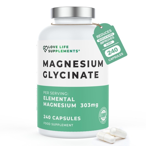 [BRSWKFI7B4DQCFQZ] Pure Magnesium Glycinate (Bisglycinate), 240 Vegan Capsules, 2 Month Supply, High Strength 300mg Elemental, Bioavailable Chelated Supplement for Sleep, Muscle Cramps, UK Made - Love Life Supplements